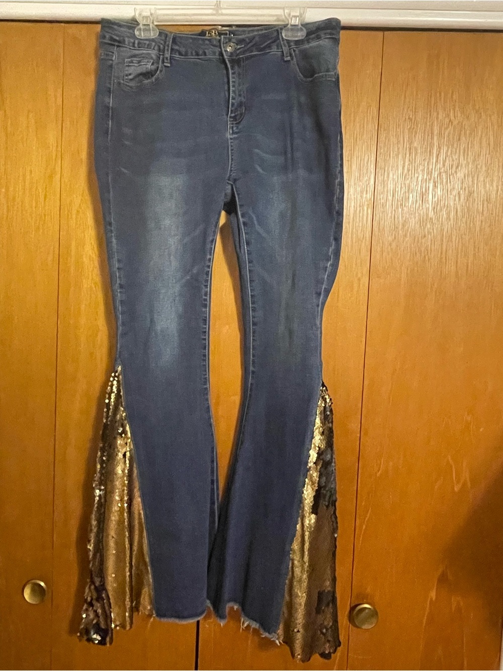 Lucky & Blessed Dark Blue Flare Jeans with Gold Sequin Panels